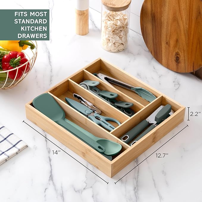 COOK WITH COLOR Bamboo Kitchen Utensil Set with Drawer Organizer | Cooking Tools and Storage Caddy, Sage, 18 Piece Gadget Set