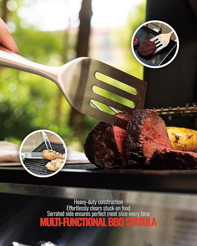 Heavy-Duty Heat-Treated Ash Wood BBQ Grilling Tools Set | Extra-Thick Stainless Steel Spatula, Fork & Tongs | Essential Barbecue Accessories, for Grill Enthusiasts