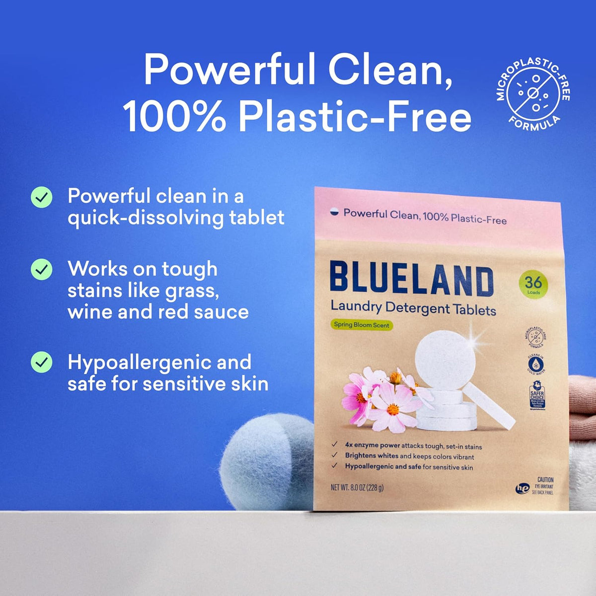 BLUELAND Laundry Essentials Kit, Spring Bloom - Plastic-Free Laundry Detergent Tablets, Oxi Booster, and Reuseable Natural Wool Dryer Balls