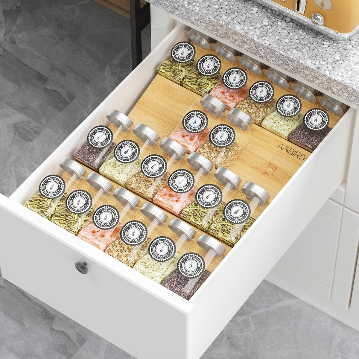 AMBIRD Bamboo Spice Drawer Organizer with Non-slip Mat,4 Tier Jar Spice Rack Tray 9.5'',Seasoning Organizer for Kitchen,Cabinet,Drawers,Countertop