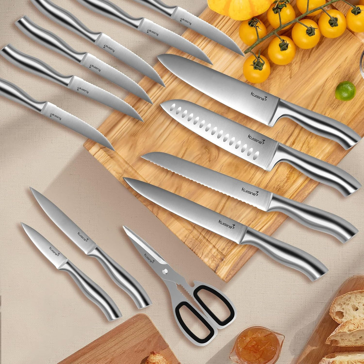 Kuisine Premium Sharp Knife Set Carbon Steel Forged,Ergonomic Handle Knife Block Set,Kitchen Block Knife Set,Chef Knife Set Built-in Sharpener(Silver Pro, 15PCS)