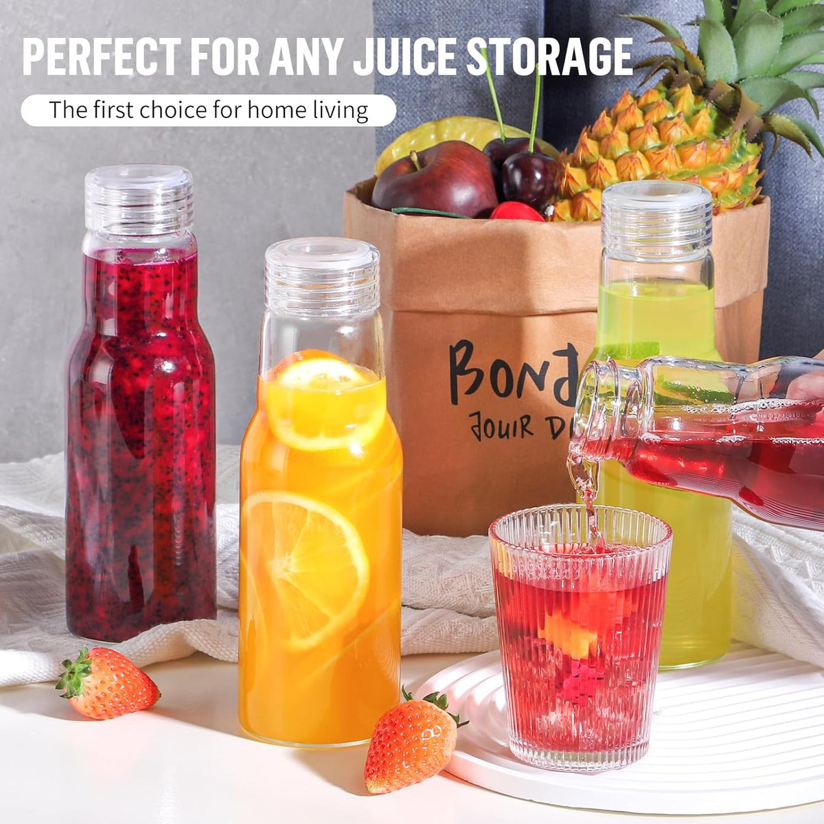 17 Oz Glass Juice Bottles with Lids, Glass Bottles, BPA Free, Borosilicate Glass for Juicing, Smoothies, Infused Water, Beverage Storage, Shaker Bottles (2 Pack)