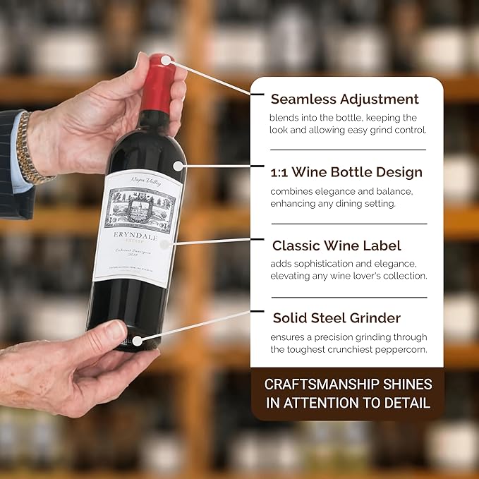 Wine Bottle Pepper Grinder, 12 Inch Wood Pepper Mill, Adjustable Coarseness 1:1 Scale Bottle Manual Peppercorn Mill, Wooden Pepper Crusher with Steel Grinders, Best for Wine Collectors, WB1