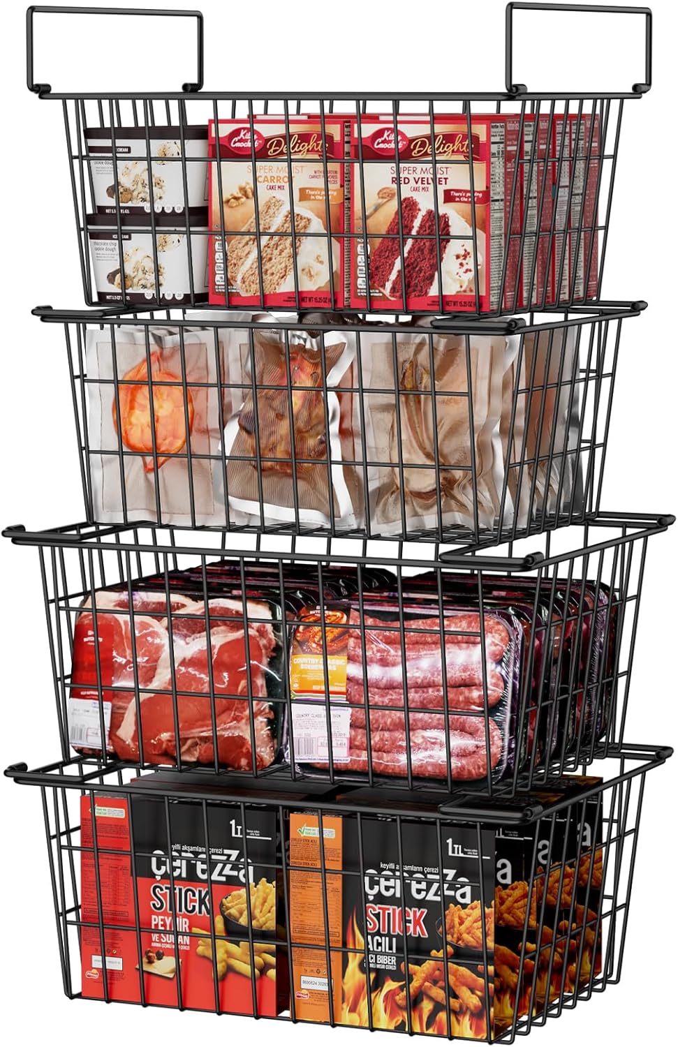 Orgneas Freezer Organizer Bins, 4 Pcs Stacking Chest Freezer Baskets for 7.0 Cu.Ft Deep Freezer Add Space Sort Store Frozen Food, Easy Reach From Bottom Freezer Storage Baskets with Large Capacity