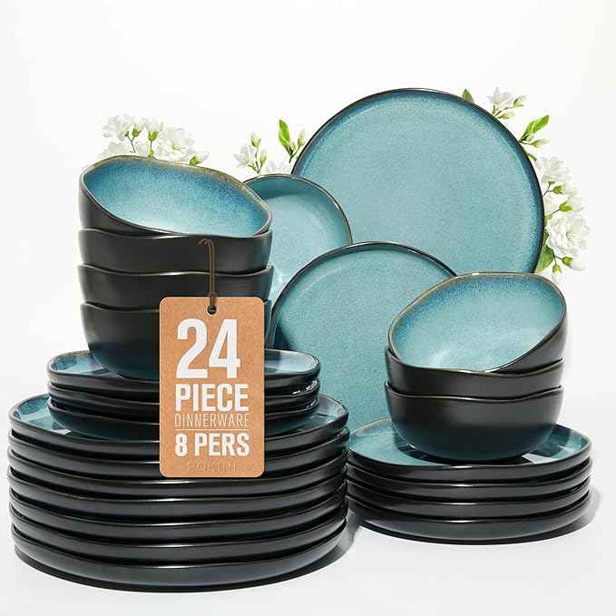 24 Piece Stoneware Dinnerware Set for 8, Reactive Glaze Plates and Bowls Sets | Designed for Holiday Dinners, Thanksgiving, Party Hosting | Durable Irregular Coastal Design, Green Black