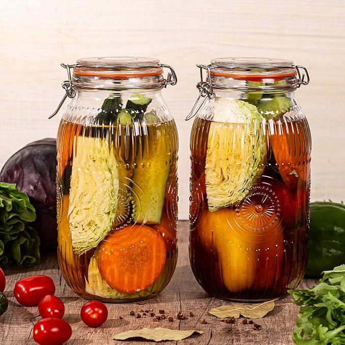 Amzcku Wide Mouth Vintage Mason Jars with Airtight Lid 64oz 2 Quart, Canister Quart Jars for Kitchen Storage - for Coffee, Sugar, Beans 3 Pack