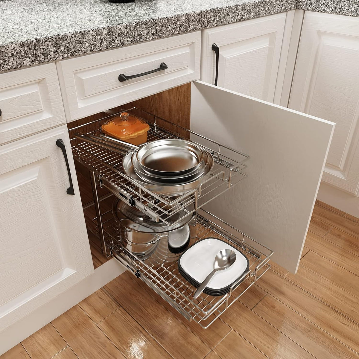 ROOMTEC Individual Pull Out Cabinet Organizer (15½" W x 21½" D), 2 Tier Spice Rack Organizer for Cabinet, Slide Out Drawer Pantry Shelf Organization and Storage for Kitchen Bathroom