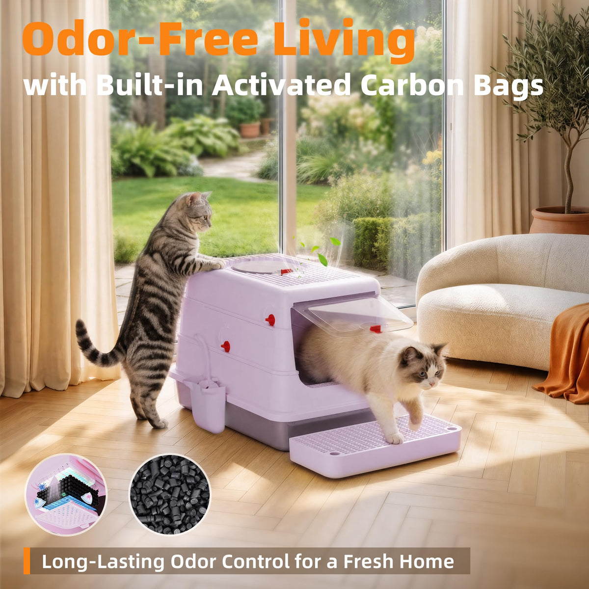 4-in-1 Stainless Steel Cat Litter Box with Flip Lid and High Sides, Lilac