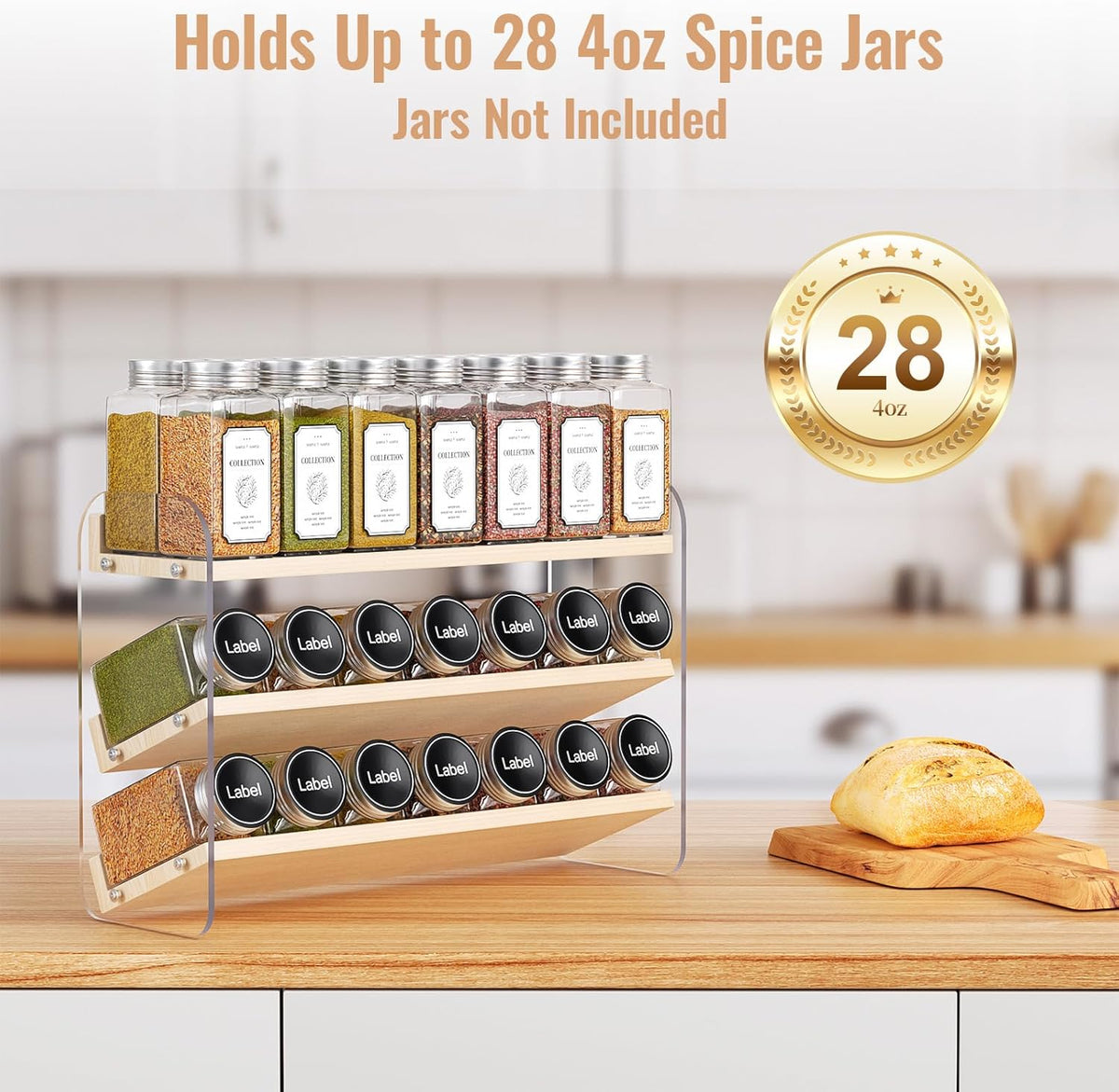 MUDEELA Clear Spice Rack Organizer for Cabinet, 3 Tiered Vertical Spice Shelf, Wooden Seasoning Organizer for Countertop, Kitchen, Pantry, Freestanding, 13.3" W × 11.2" H (No Jars Included)