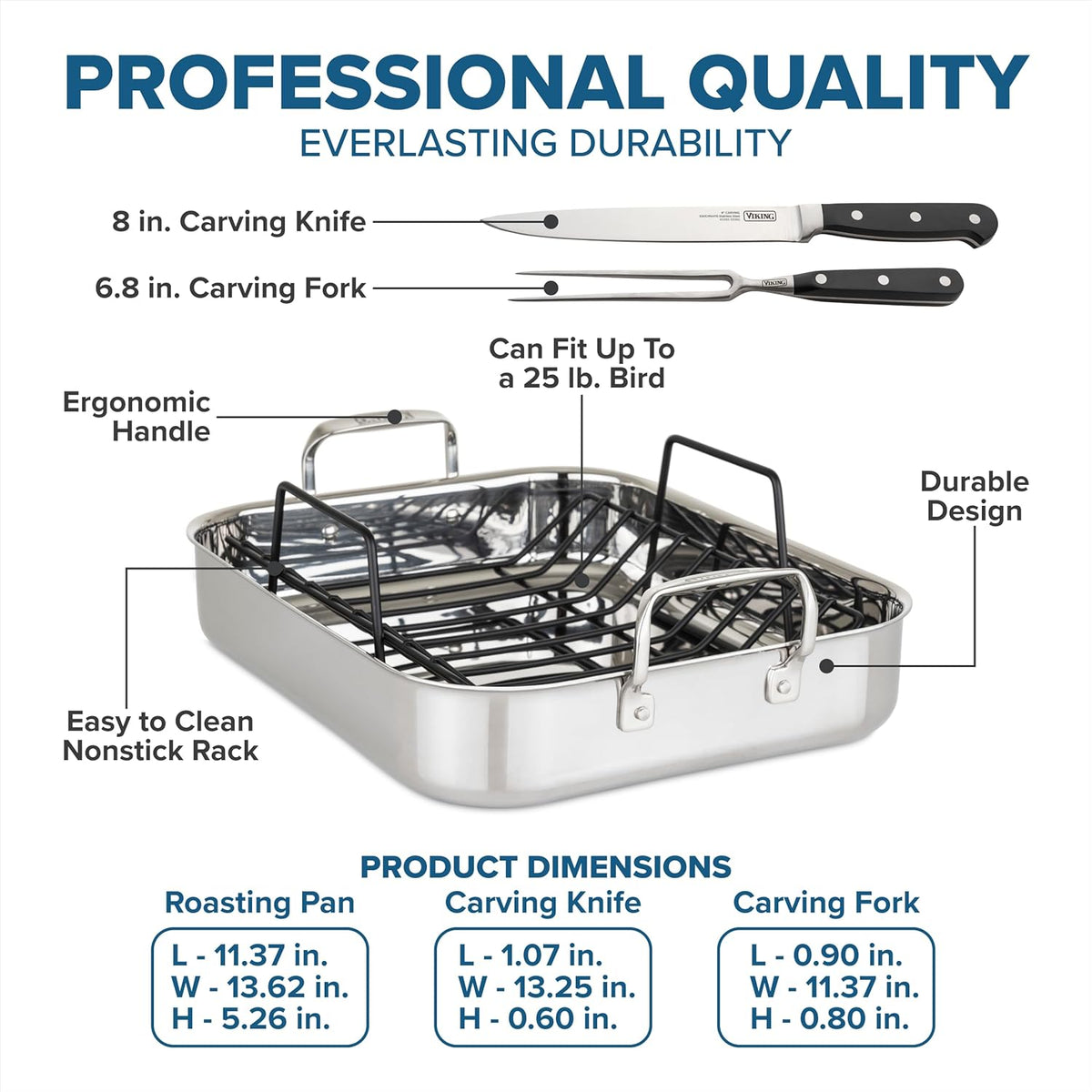 Viking 3-Ply Stainless Steel Roasting Pan with Nonstick Rack and Carving Set, 16 x 13 Inch Kitchen Cookware, Great for Turkey, Dishwasher and Oven Safe, Induction Ready, SIlver