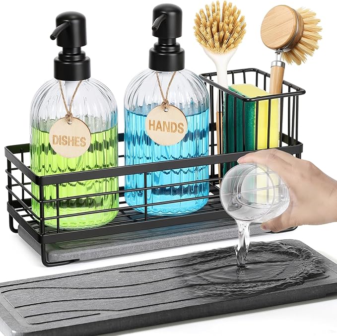 Shinowa Kitchen Dish Soap Dispenser Set, 14OZ Glass Bottle with Rustproof 304 Stainless Steel Sponge Holder and Instant Dry Tray, Hand and Dish Soap Dispenser Set for Kitchen Sink Organizer Decor