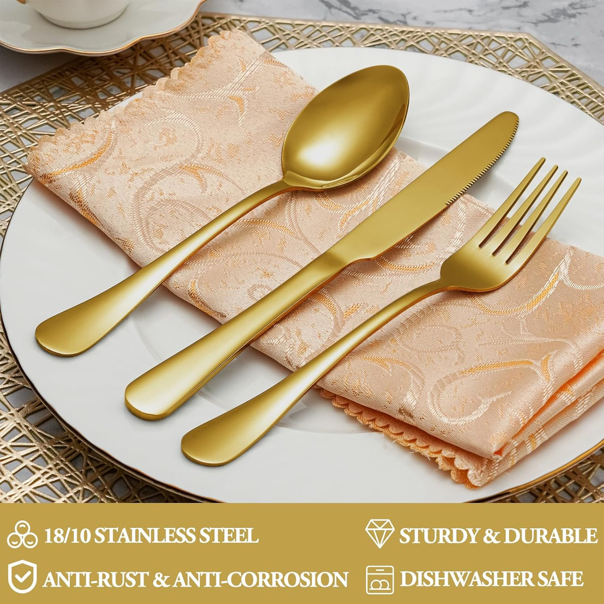 20 Pcs Gold Silverware Set Service for 4, Premium Stainless Steel Flatware Set, Cutlery Utensil Set, Durable Home Kitchen Eating Tableware Set, Include Fork Knife Spoon Set, Dishwasher Safe