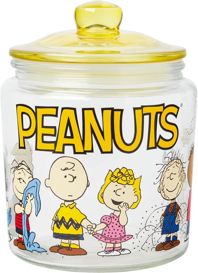 Silver Buffalo Peanuts Squad Featuring Charlie Brown, Snoopy, Schroeder, Lucy, Linus, Sally, Pigpen, Woodstock, and Franklin Glass Cookie Snack Candy Jar with Lid (Small)