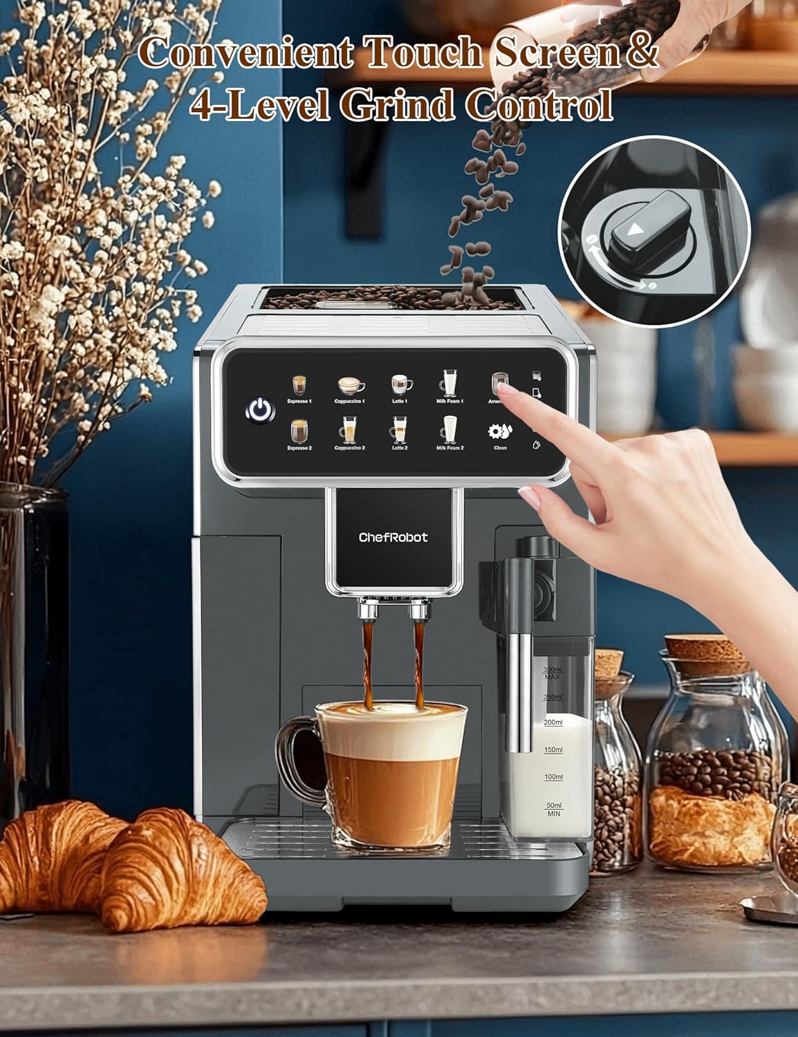 Fully Automatic Coffee Maker with Built-in 3-Level Grinder Expresso/Cappuccino/Latte/Americano Coffee Machines with Self-Cleaning Function 12 Cup Coffee Machine for Home/Office