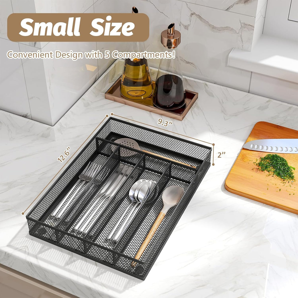 Silverware Organizer Metal Mesh, Small Drawer Organizer, Utensil Cutlery Tray for kitchen drawers, Flatware Organizer with 5 Compartment, Black(9.3"*12.6")