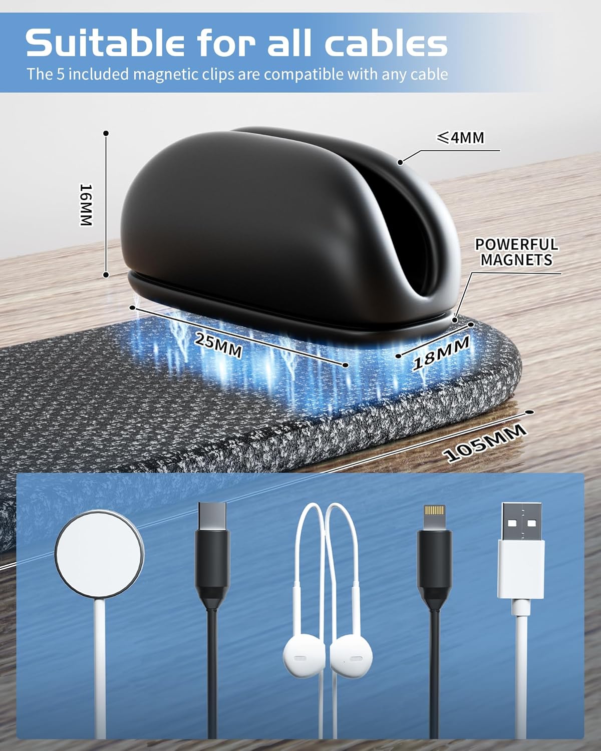5-Pack Magnetic Cable Clips Cord Organizer - Smoothly Adjustable, Puretor Desk Cable Management Clips. Ideal Wire Holders for Desktop, Nightstand, Wall - Perfect for Home Office, Phone, Car (Black)