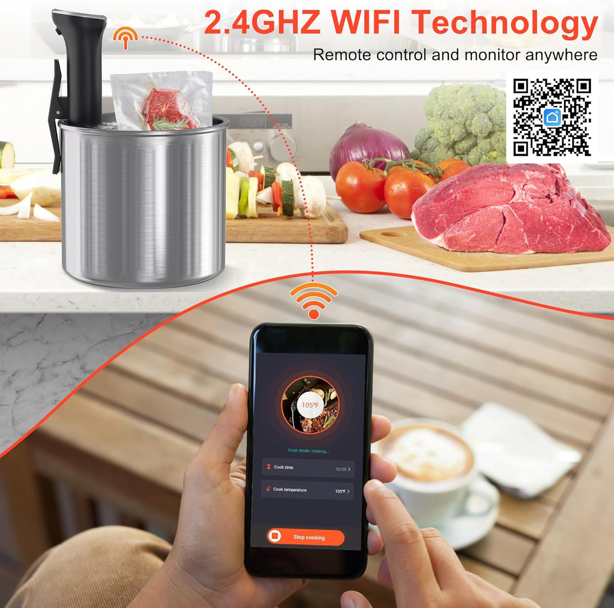 Sous Vide Machine, Sous Vide Cooker 1100W, WiFi Connect App Control with Recipe, Fast-Heating Immersion Circulator Cooker with Accurate Temperature and Time Control, Ultra Quiet, IPX7 Waterproof