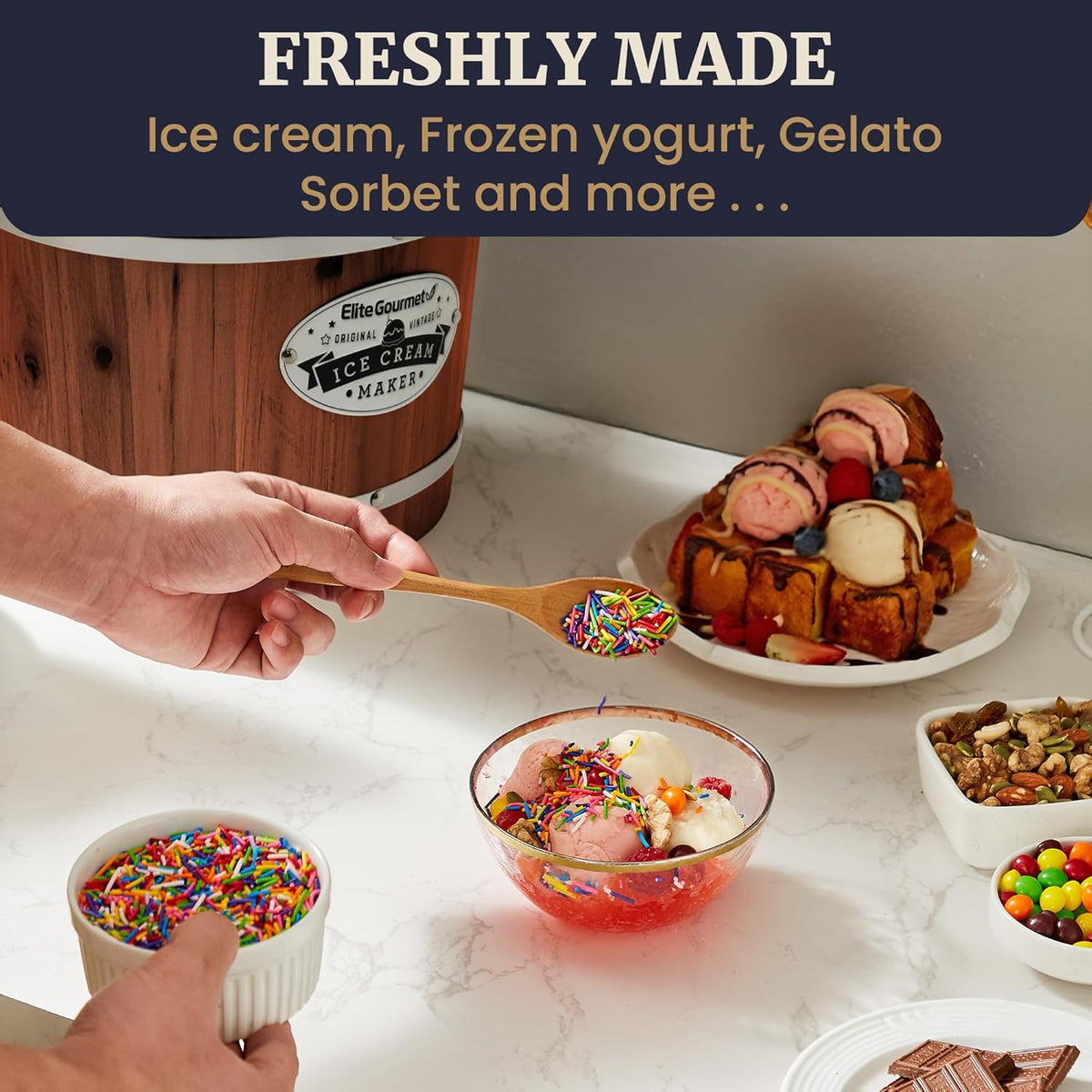 Elite Gourmet EIM418 Old Fashioned 4 Quart Vintage Walnut Wood Bucket, Electric Ice Cream Maker Machine, Uses Ice and Rock Salt Churns Ice Cream in Minutes