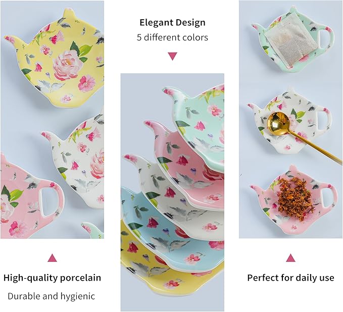 Porcelain Tea Bag Coasters, Floral Used Tea Bag Holder, Set of 5 Tea Bag Plates Floral, Teaspoon Rest, Tea Bag Rest Dish, Tea Party Gifts
