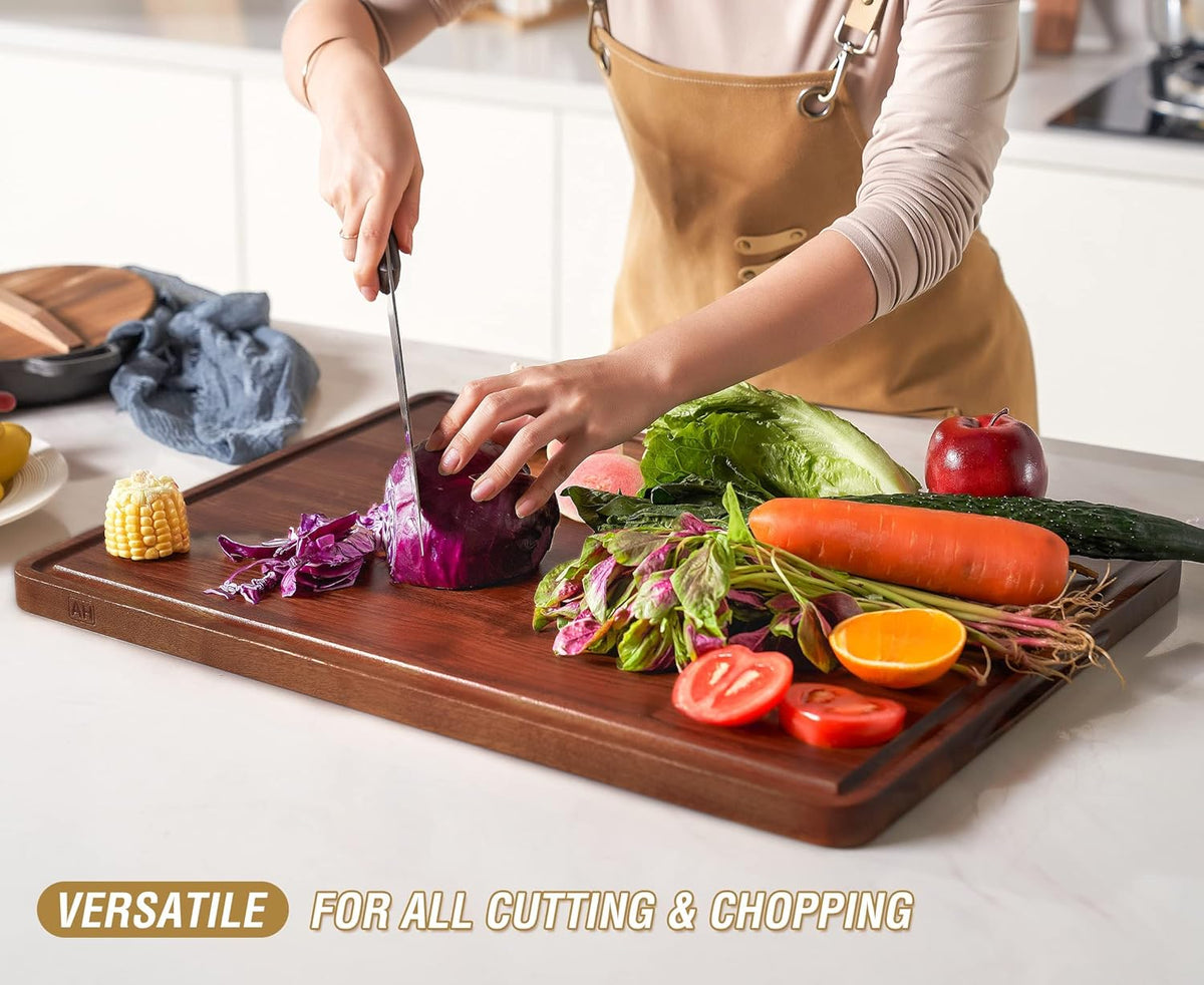 AZRHOM XL Large Walnut Wood Cutting Board for Kitchen 20x15 (Gift Box) with Juice Groove Handles Non-slip Mats Thick Reversible Butcher Block Chopping Board