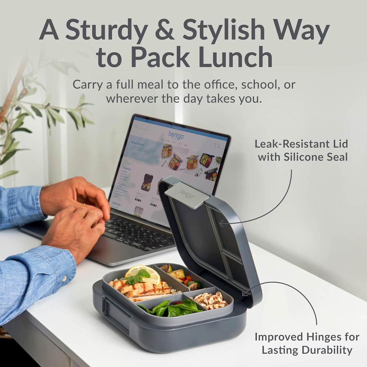 Bentgo Modern - Adult & Teen Bento Lunch Box; 3-4 Compartments, Leak-Resistant, 5.5 Cup Capacity/44 fl oz, Improved Locking Clips, Reusable, BPA-Free, Dishwasher/Microwave Safe Tray (Dark Gray)
