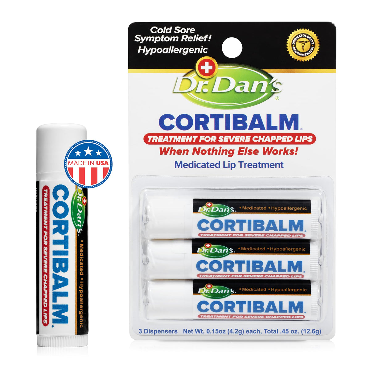 Dr. Dan's Cortibalm 3-Pack 1% Hydrocortisone Lip Balm for Dry Cracked Lips