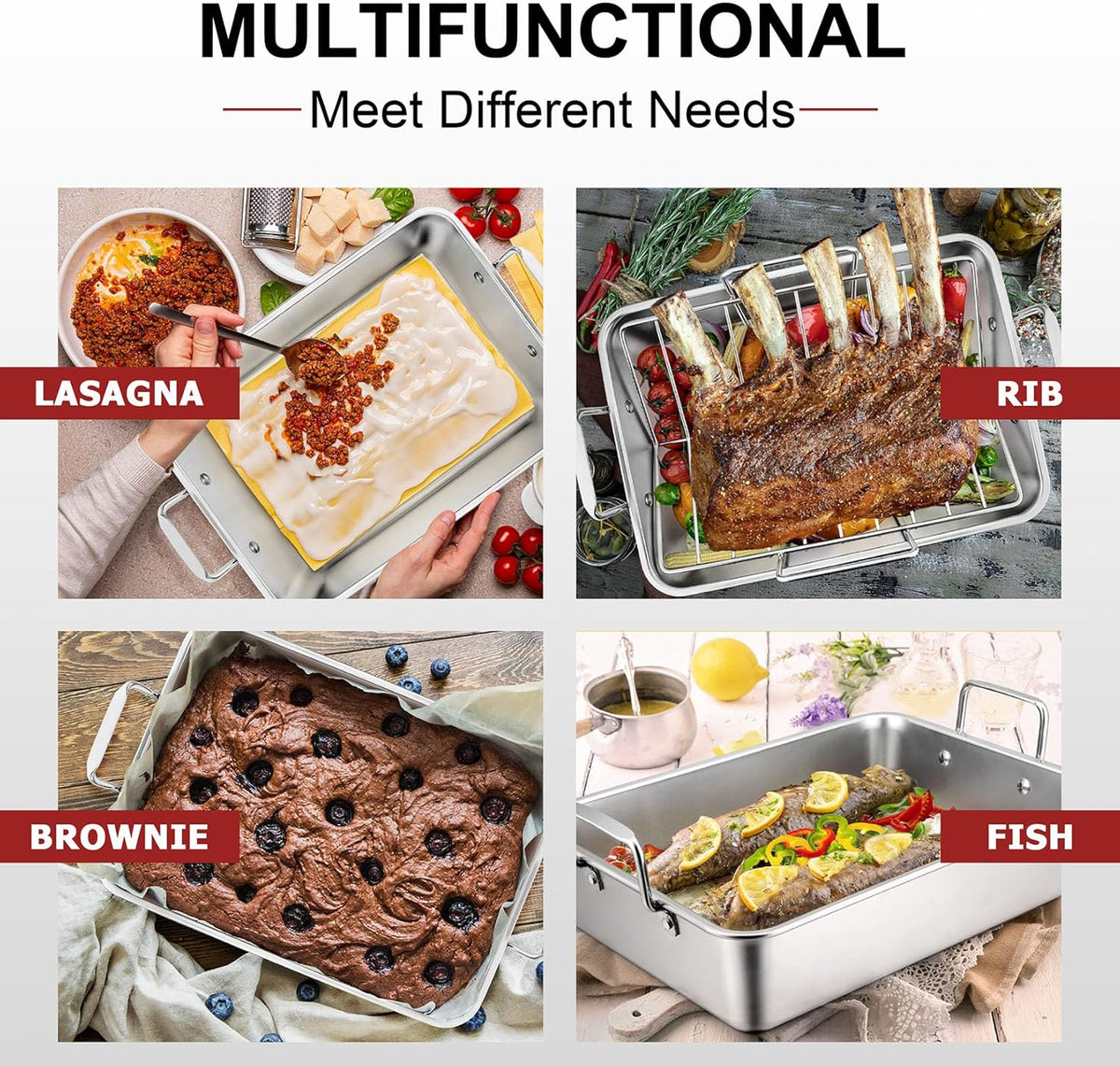 Roasting Pan with Rack for Turkey Chicken, Joyfair Stainless Steel Roaster Pan and V-rack for Toaster Oven, Rectangular Bakeware with Sturdy Handles, Heavy Duty & Dishwasher Safe (Large)