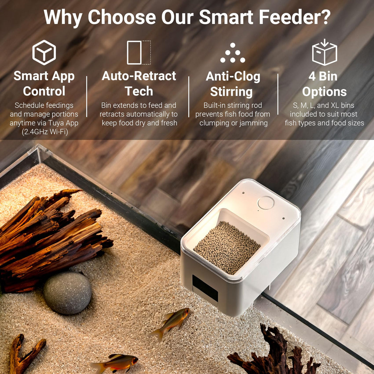 Smart WiFi Fish Feeder, Automatic with App Remote Control, 100ml Tank, USB Powered, Anti-Jam and Moisture-Proof, Clip-On Design for Aquarium
