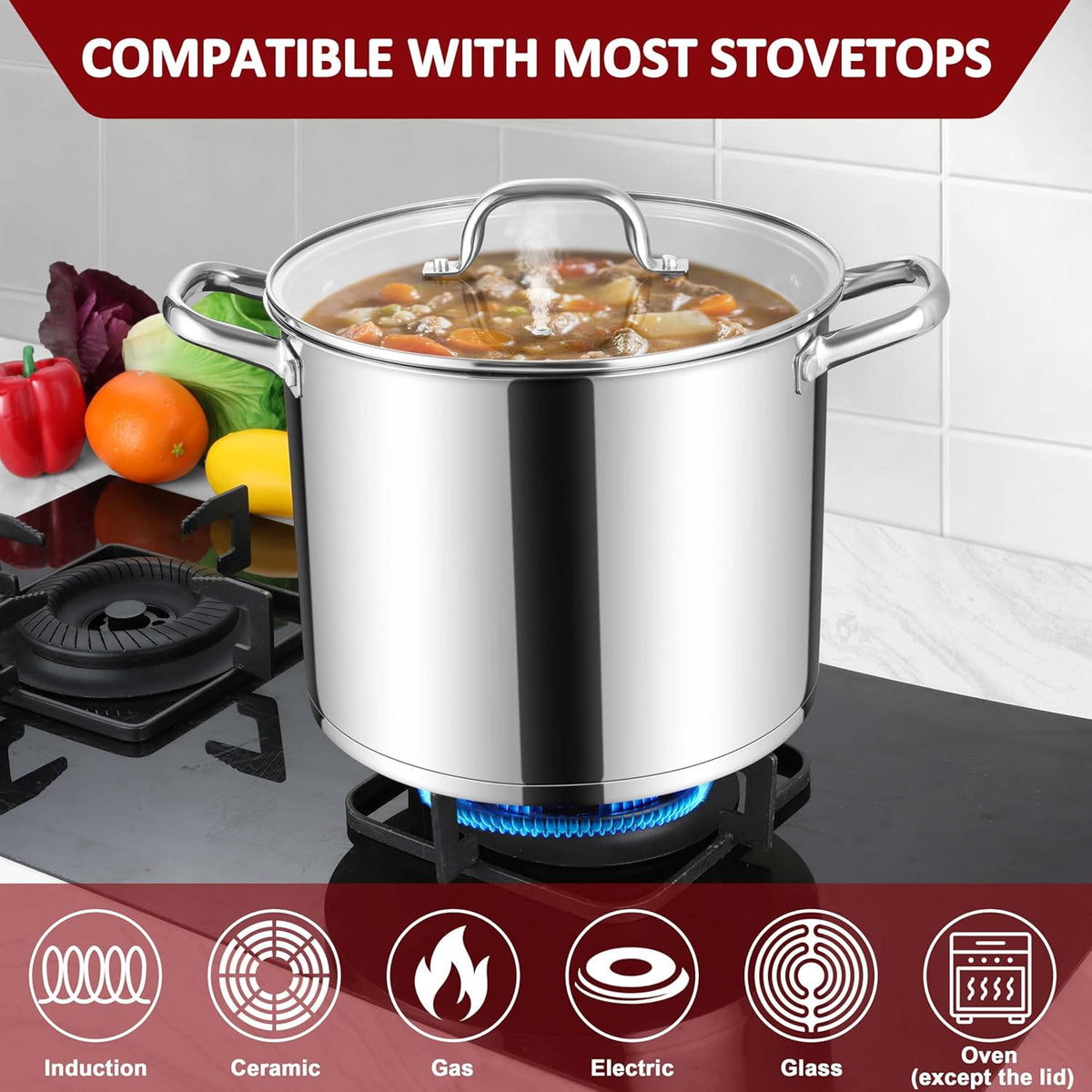 Herogo 12-Quart 18/10 Stainless Steel Stock Pot with Lid, Large Heavy Duty Soup Pot Compatible with Electric, Gas, Induction and Various Cooktops, Dishwasher Safe