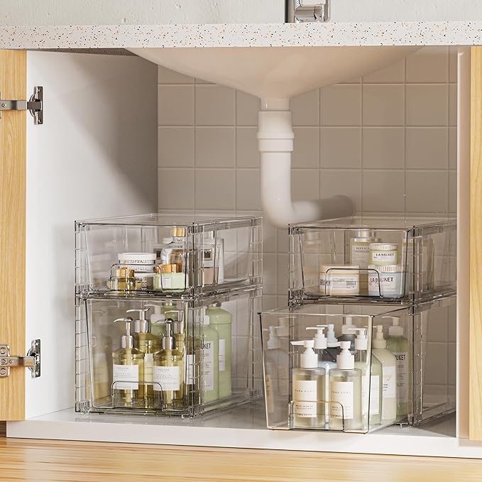 Vtopmart 4 Pack Clear Stackable Storage Drawers,Easy to Assemble Bathroom Organizers and Storage with handles,Plastic Drawers for Kitchen Pantry,Cabinet,Under Sink Organization