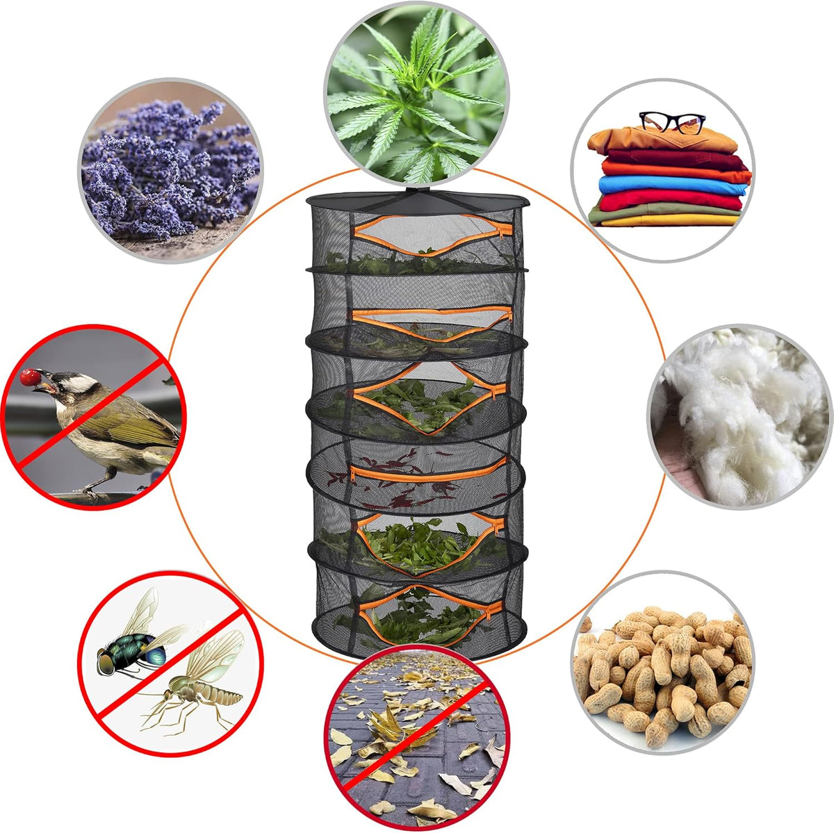 Desy & Feeci Herb Drying Rack-2ft Diameter 6 Layer Folding Mesh Hanging Basket Dryer Net with Zippers for Seeds Flowers Buds Plants Garden Outdoor Bumper Harvest(D24xH47 inch)