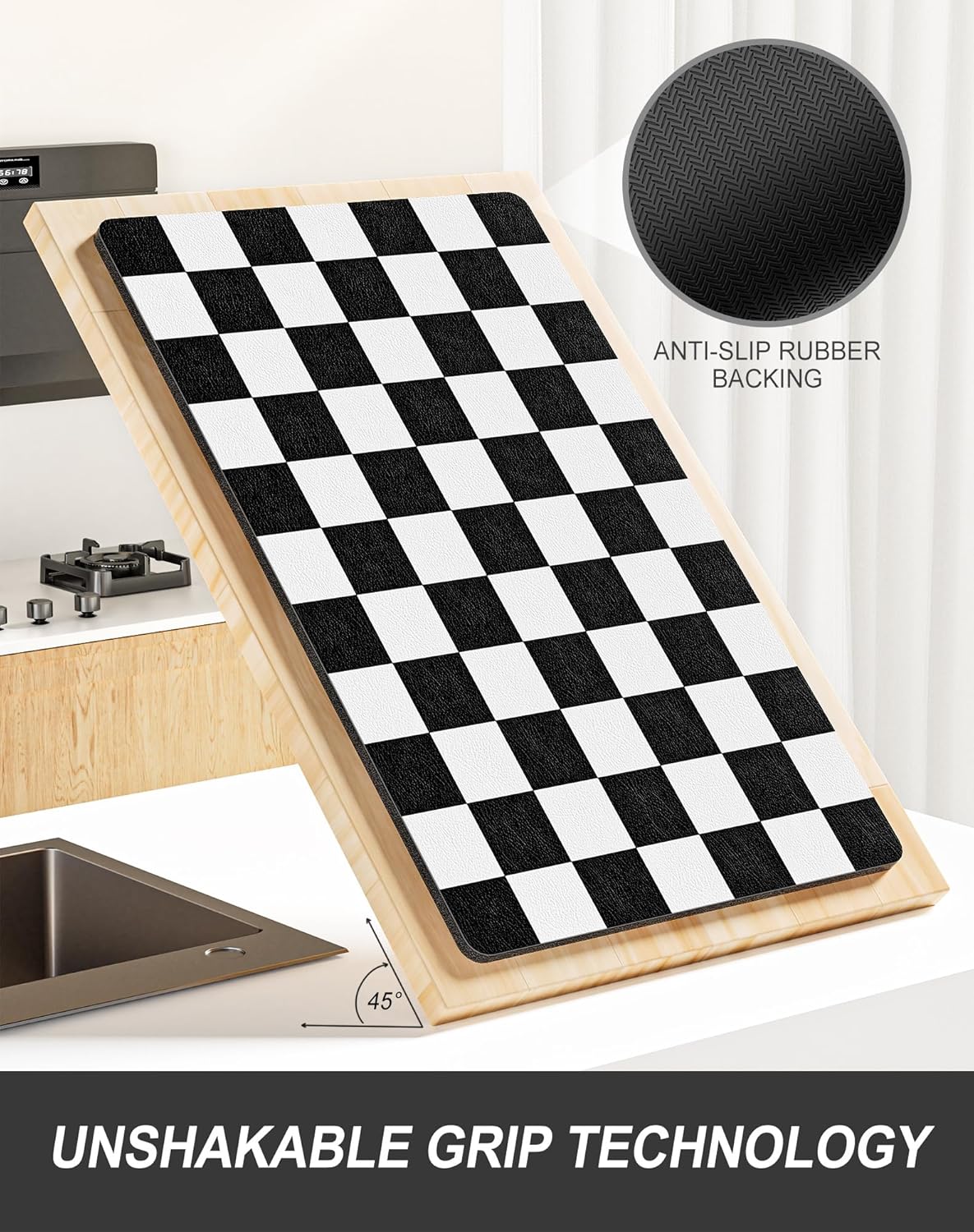 Rnivvi Dish Drying Mat for Kitchen Counter, XL 15 x 24" Cute Checkered Absorbent Draining Pad, Non-Slip Heat Resistant Coffee Bar Mat for Coffee Machine Station Accessories, Black White Dish Rack Pad