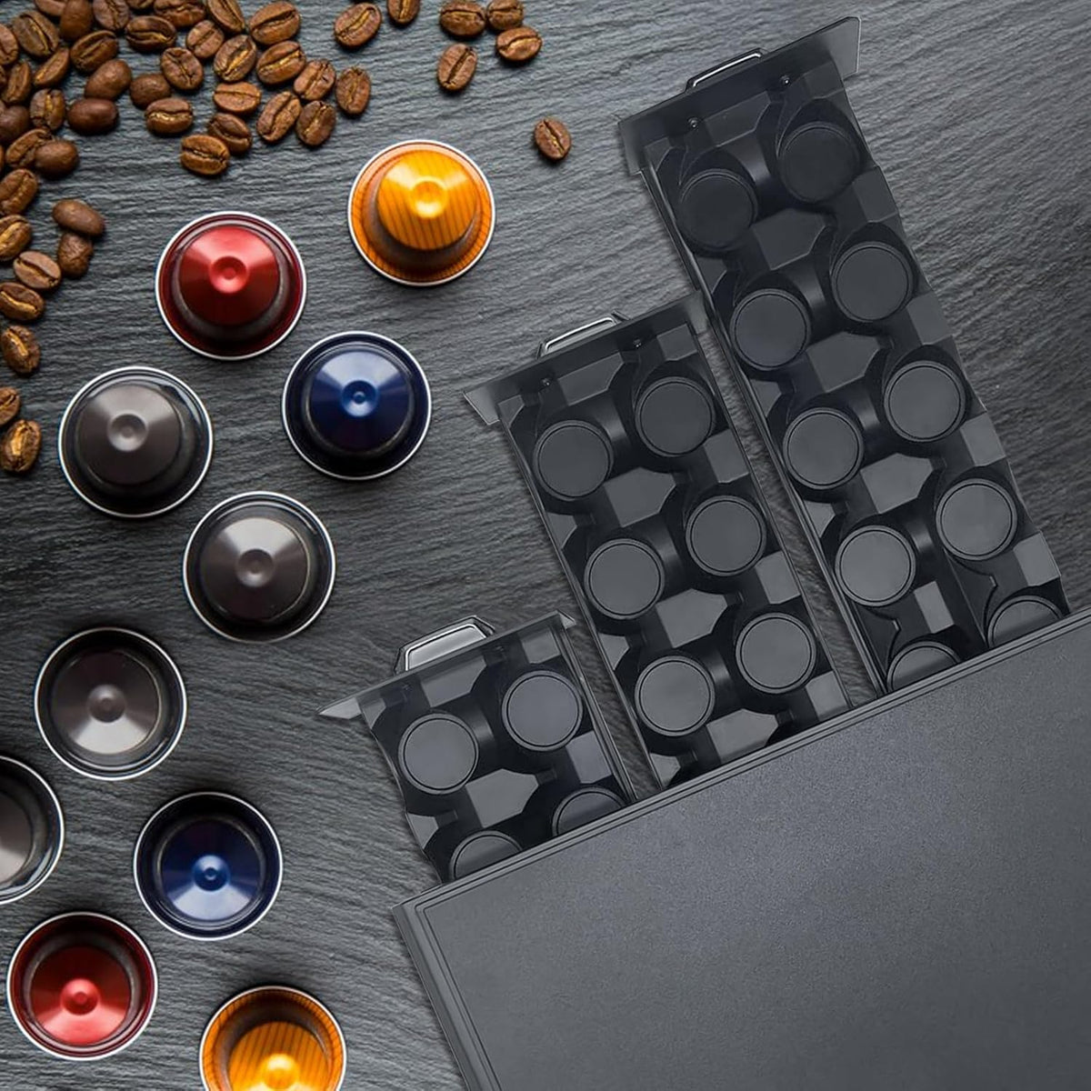 K Cup Holder Drawer 30 Pods Capacity, Three Drawers Design for Nespresso Pods Holder, Coffee Pod Holder Compatible With Keurig Pod Organizer&Nespresso/K-Cup/Vertuo Pod Holder, Black