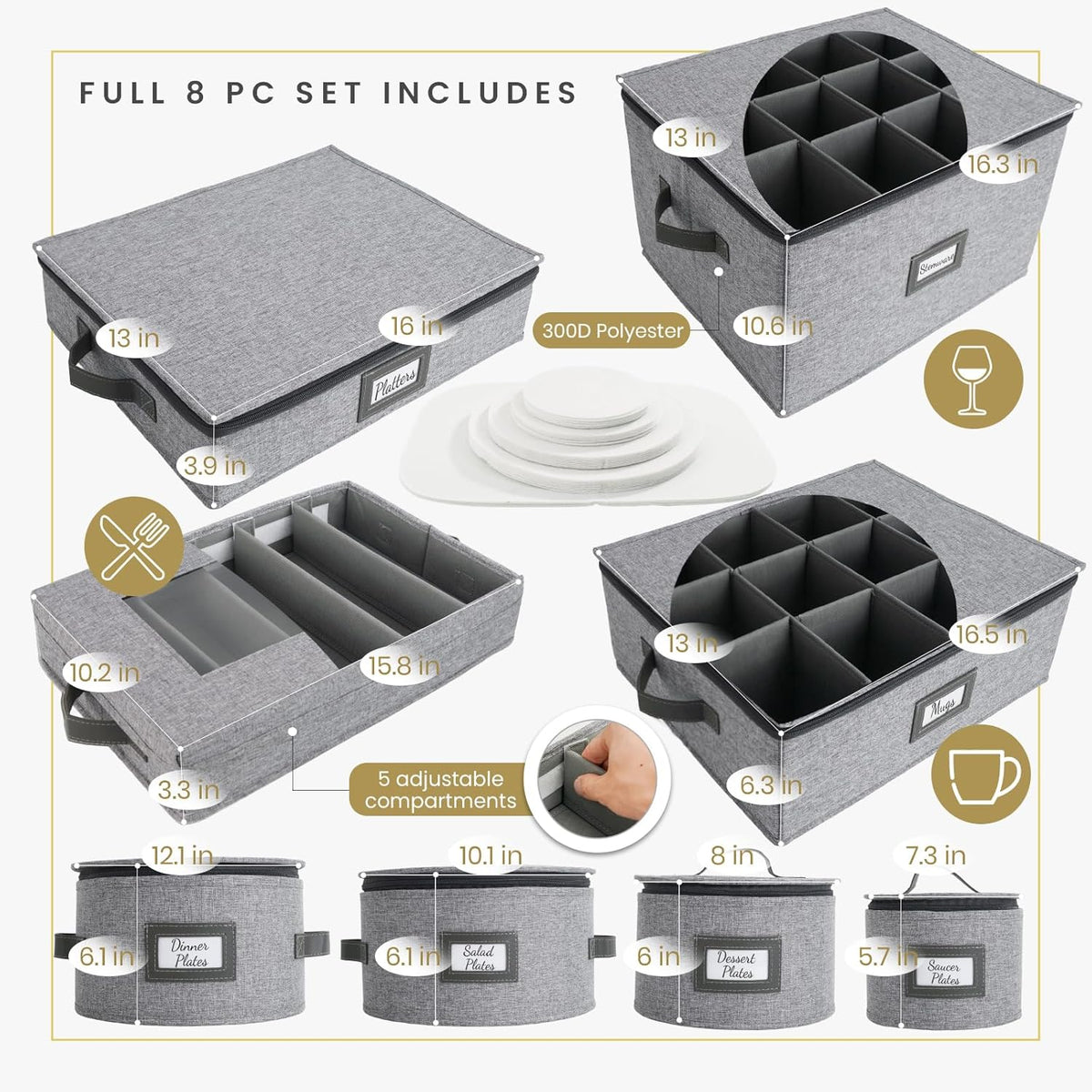 HOMELUX THEORY Hard Shell China Storage Containers, 6pc LightGray Mug & Plate Storage Box, Kitchen Storage Bins W/Lids, Heavy Duty Moving Box with Handles for Dishes, Glassware, Stemware, Cup & Mug
