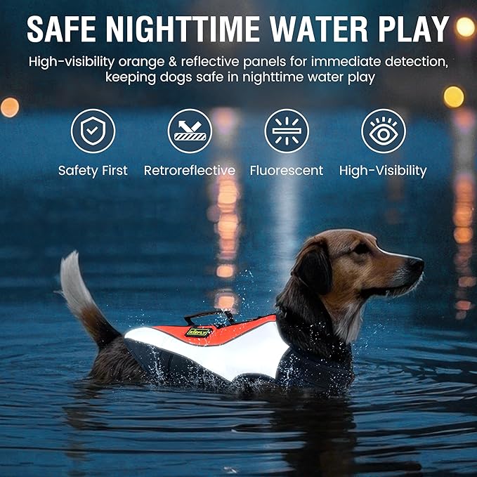 Reflective Dog Life Vest for Boating and Swimming – Heavy-Duty Adjustable Swimming Vest with Rescue Handle for Large Breeds (XXL, Orange)