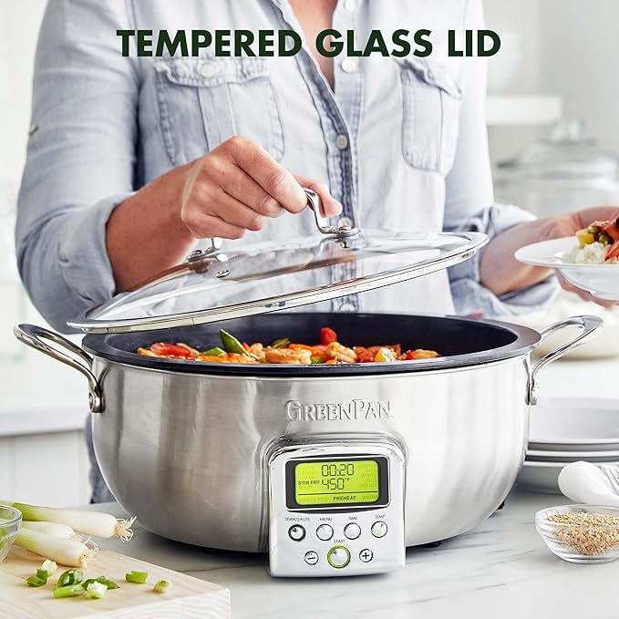 GreenPan Elite 6QT Electric Skillet, Sear Saute Stir-Fry Cook Rice, Healthy Ceramic Nonstick, Dishwasher Safe Parts, Easy-to-use LED Display, PFOA and PFA Free, Smart Pot, Stainless Steel