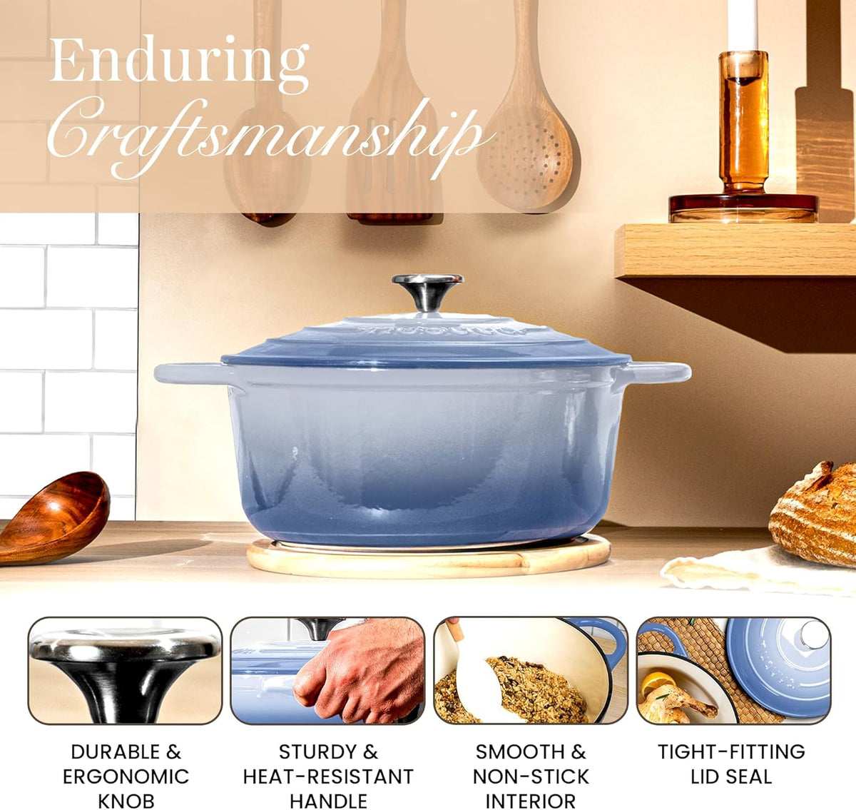 Nuovva Enamelled Cast Iron Dutch Oven Pot with Lid 6.4 Quart Non Stick Casserole Pot – Heavy Duty & Oven Safe up to 500° F for Bread Baking, Braising, Stews, Roasting – 28cm Costal Blue
