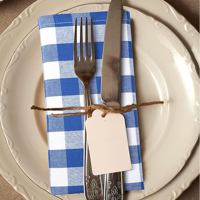 Urban Villa Cloth Napkins 100% Cotton Dinner Napkins Highly Absorbent 20x20 Inches (Set of 12) Blue White Buffalo Checks Reusable Washable Soft Durable Premium Napkins Ideal for Home Wedding Parties