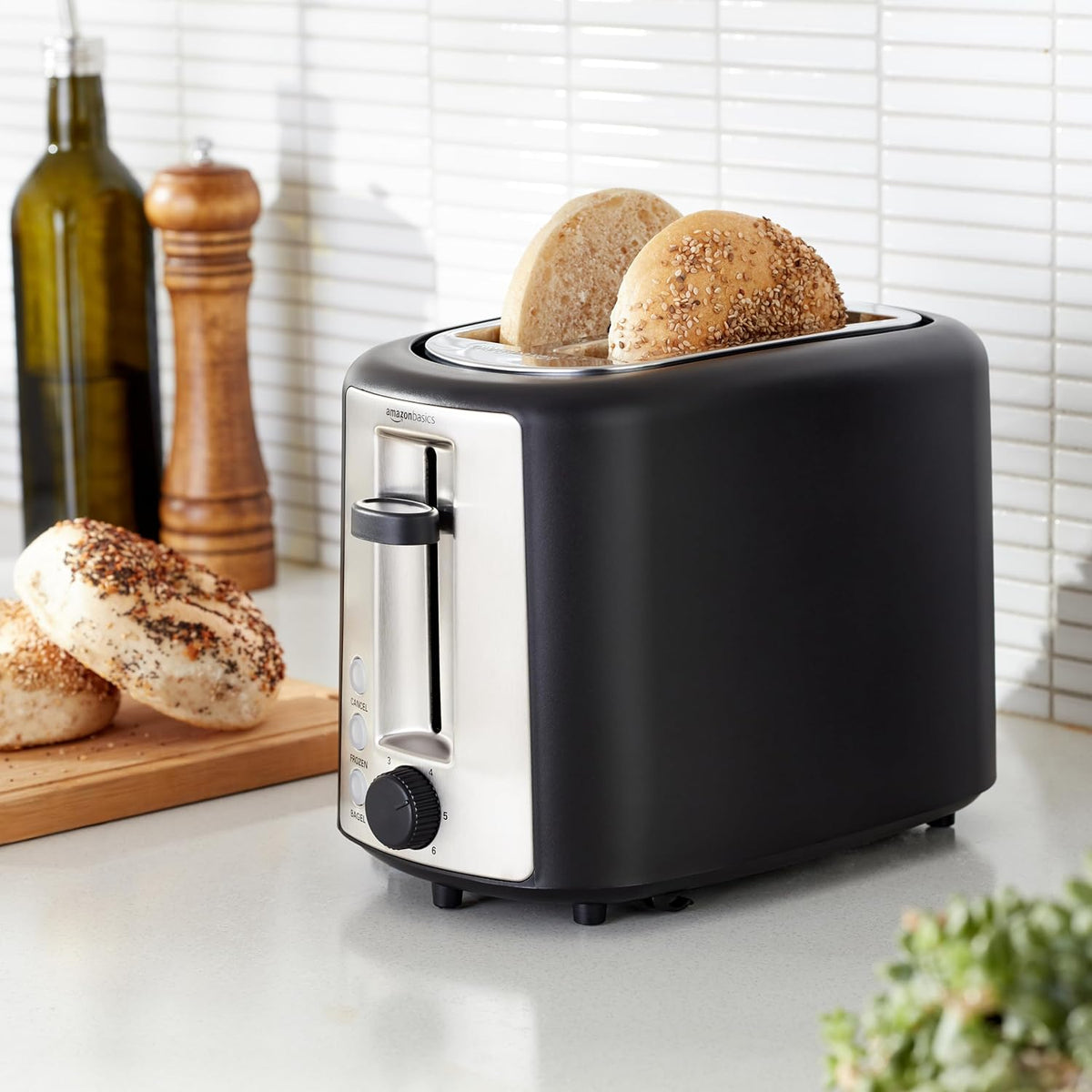 Amazon Basics 2 Slice Toaster, With 6 Browning Settings, Extra Wide Slots For Bagels and Special Breads, Removable Easy-to-Clean Crumb Tray, Cancel/Defrost/Bagel Buttons, 900W, Black & Silver