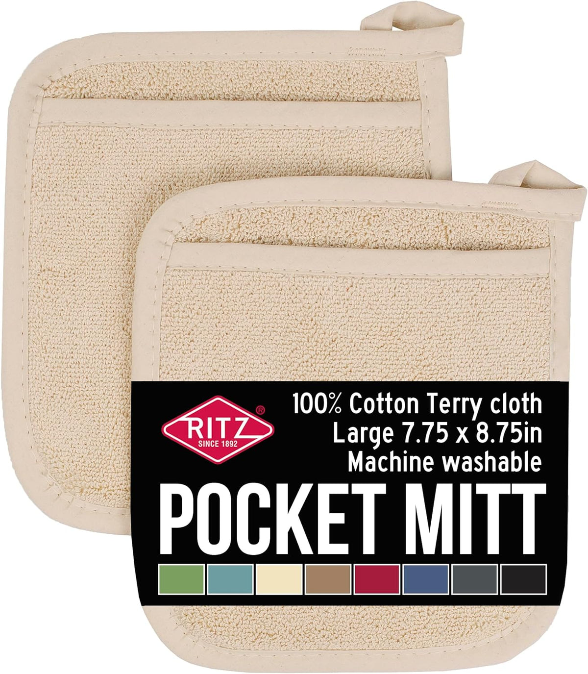 RITZ Terry Pocket Mitt & Hot Pad: Unparalleled Heat Resistant, Durable 100% Cotton – Ergonomically Designed for Optimal Grip – Easy-Care Machine Washable – 2-Pack, Latte