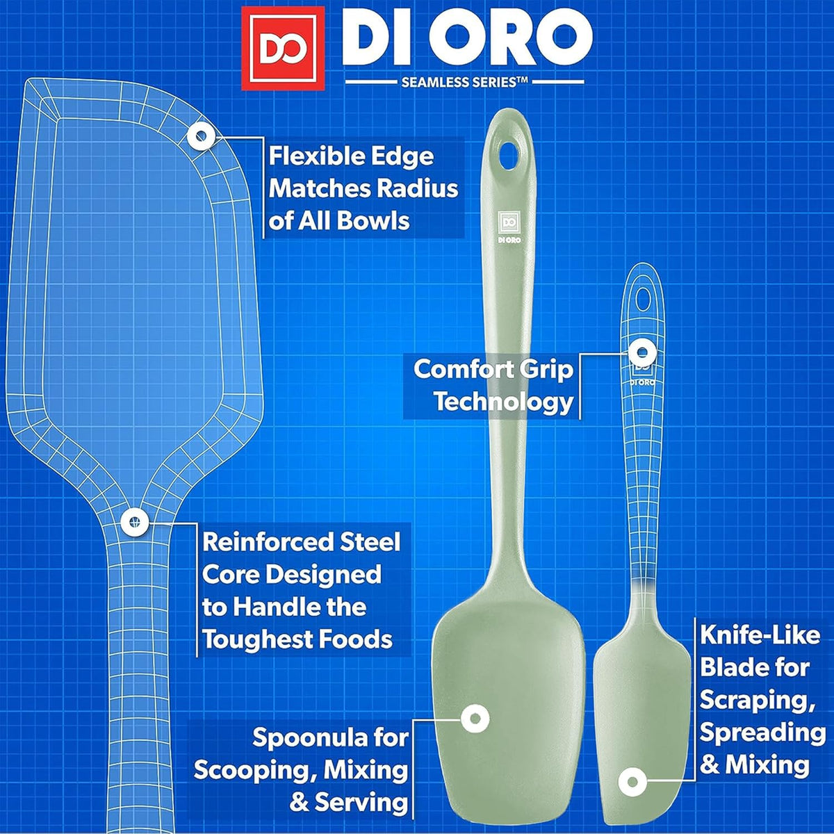 di Oro Living Silicone Spatula Set - Rubber Kitchen Spatulas for Baking, Cooking, Mixing - 600°F Heat-Resistant & BPA Free Silicone Scraper Spatulas for Nonstick Cookware - Dishwasher Safe (3pc, Sage)