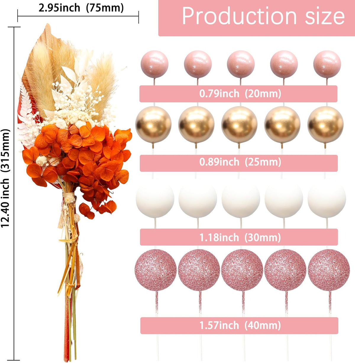 Gyufise 21 Pack Flower Boho Cake Topper Ball Cake Decorations Palm Leaves Plants Cake Decor for Girl Bohemian Princess Theme Wedding Baby Shower Birthday Party Supplies Rose Gold