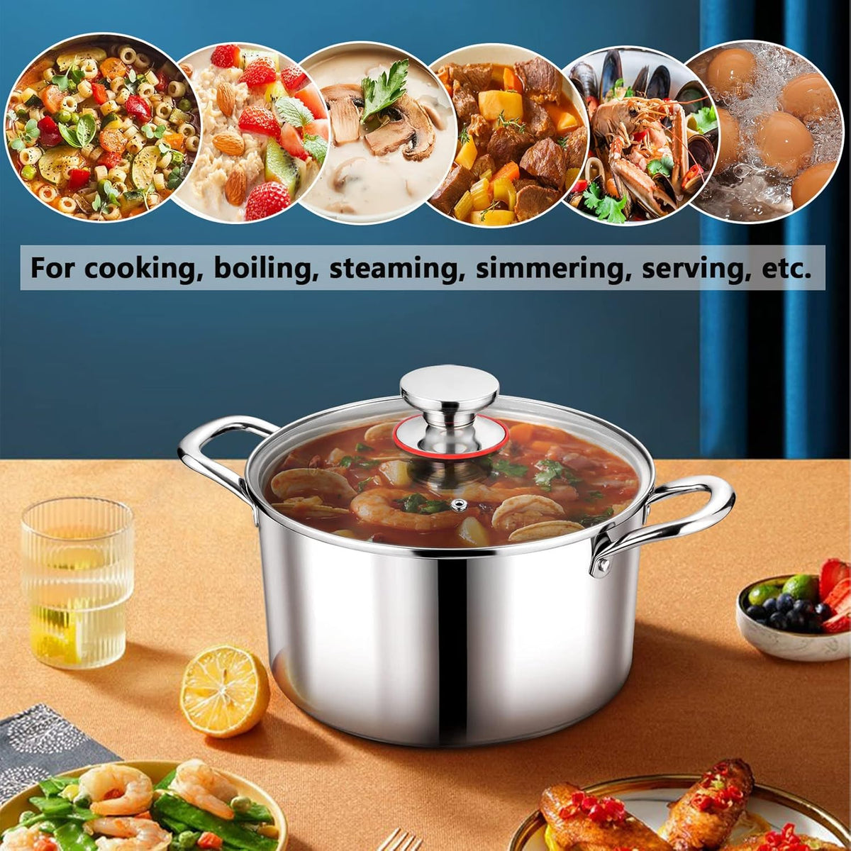 P&P CHEF 4 Quart Tri-Ply Stainless Steel Stock Pot, 4 Qt Stockpot Pasta Cooking Pot with Visible Lid for Soup Vegetable, Induction Cookware for All Stoves, Sturdy & Double Handle, Dishwasher Safe