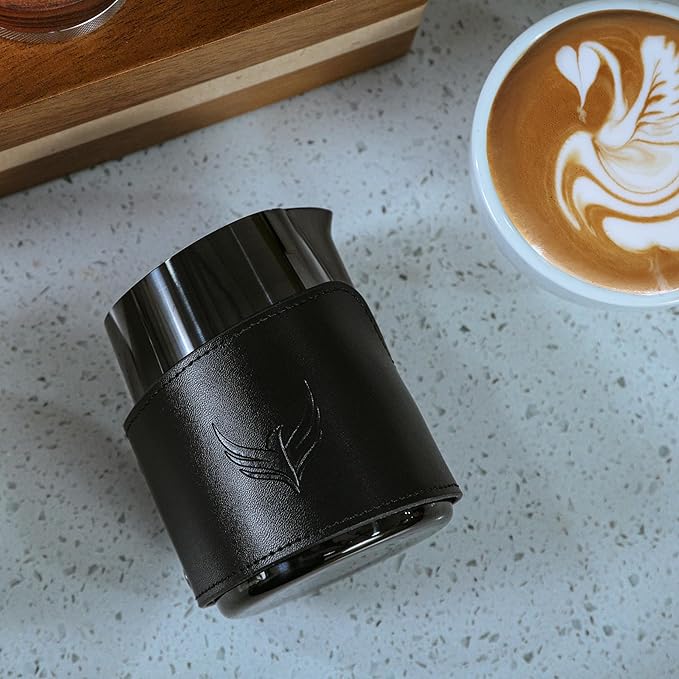 Espresso Pitcher For Latte Art Premium Handleless Design Stainless Steel Pitcher with Leather Sleeve 14oz Milk Frother Jug Gift For Espresso Lovers (Black)