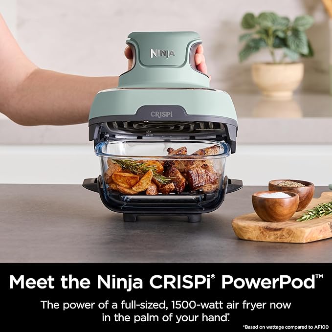 Ninja Crispi 4-in-1 Glass Air Fryer | 450°F | Non-Toxic | 4QT & 6-Cup Glass Containers w/Lids | Microwave, Freezer, Dishwasher Safe | Max Crisp, Air Fry, Bake, Recrisp | Green | FN101SG