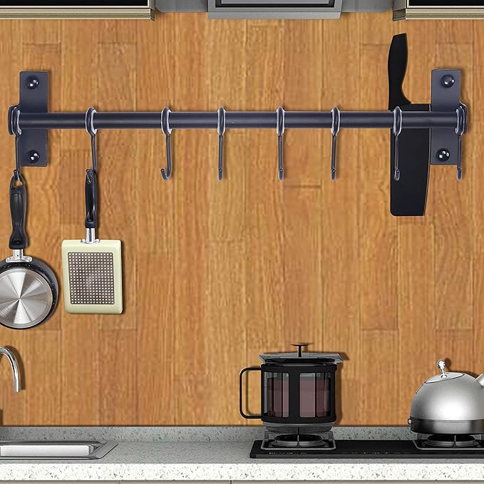 Dseap Pot Rack - Pots and Pans Hanging Rack Rail with 8 Hooks, Double Bars, Pot Hangers for Kitchen, Wall Mounted, Black, Pack of 2