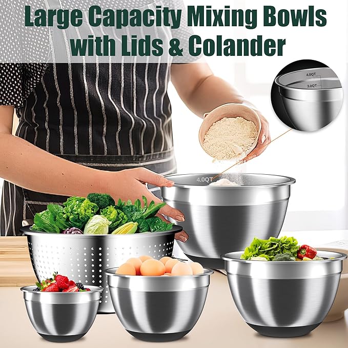Mixing Bowls with Airtight Lids Set, 4 Stainless Steel Bowls Nesting Bowls & Colander, Kitchen Organizers and Storage Non-Slip Bottom, Size 1.5/2.0/2.5/4.5QT, Great for Mixing & Serving, Black