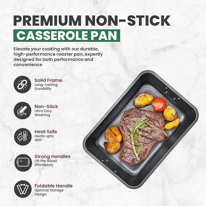 Large Lasagna Pan 15” x 11” - Nonstick Casserole Dish for Easy Cleanup - Convenient Deep Lasagna Baking Dish With Foldable Handles - Large Baking Pan Casserole Dish Is Perfect for Any Meal