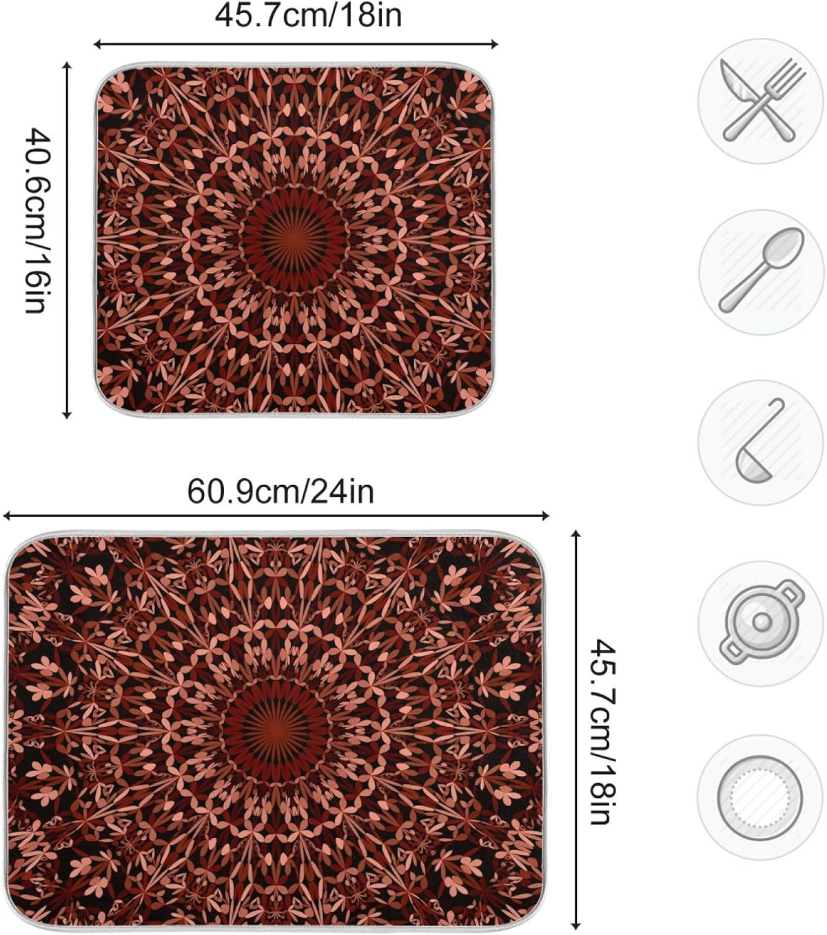 Super Absorbent Dish Drying Mat, Microfiber Fast-Drying Dish Mat, 24" x 18", Kitchen Dish Drying Pad, Mandala Maroon Boho