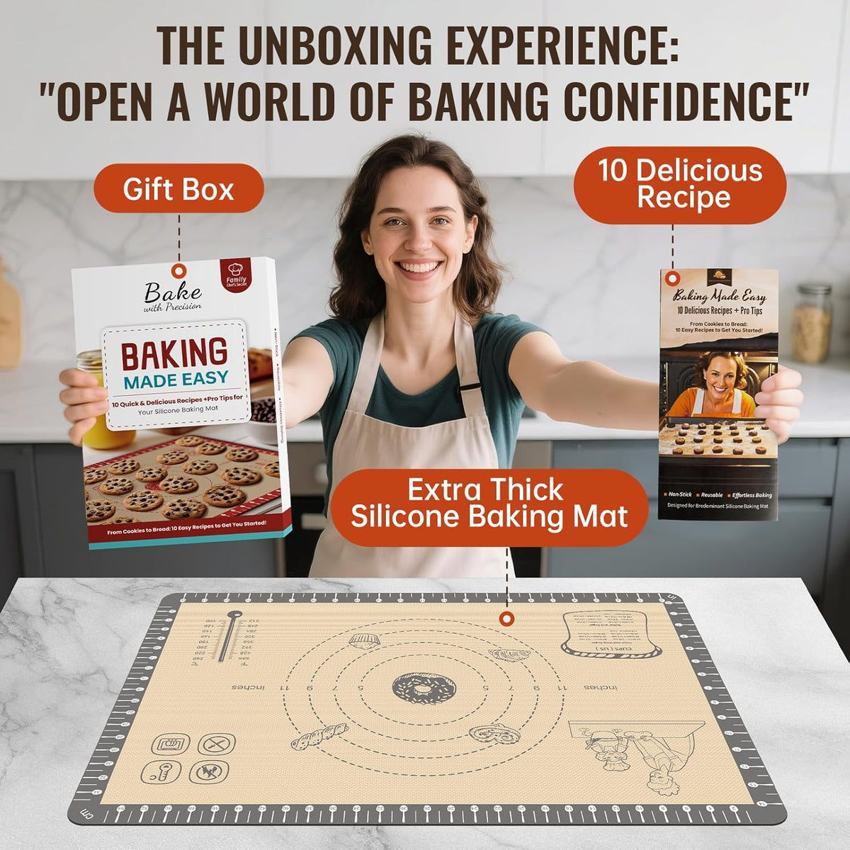 Silicone Baking Mat with 10 Quick Recipes, Extra Thick Silicone Mats for Baking, Non Stick Pastry Mat,Reusable kneading Dough Rolling Mat for Cookie, Macaron, Bread, Pizza-Tutorial Video Included